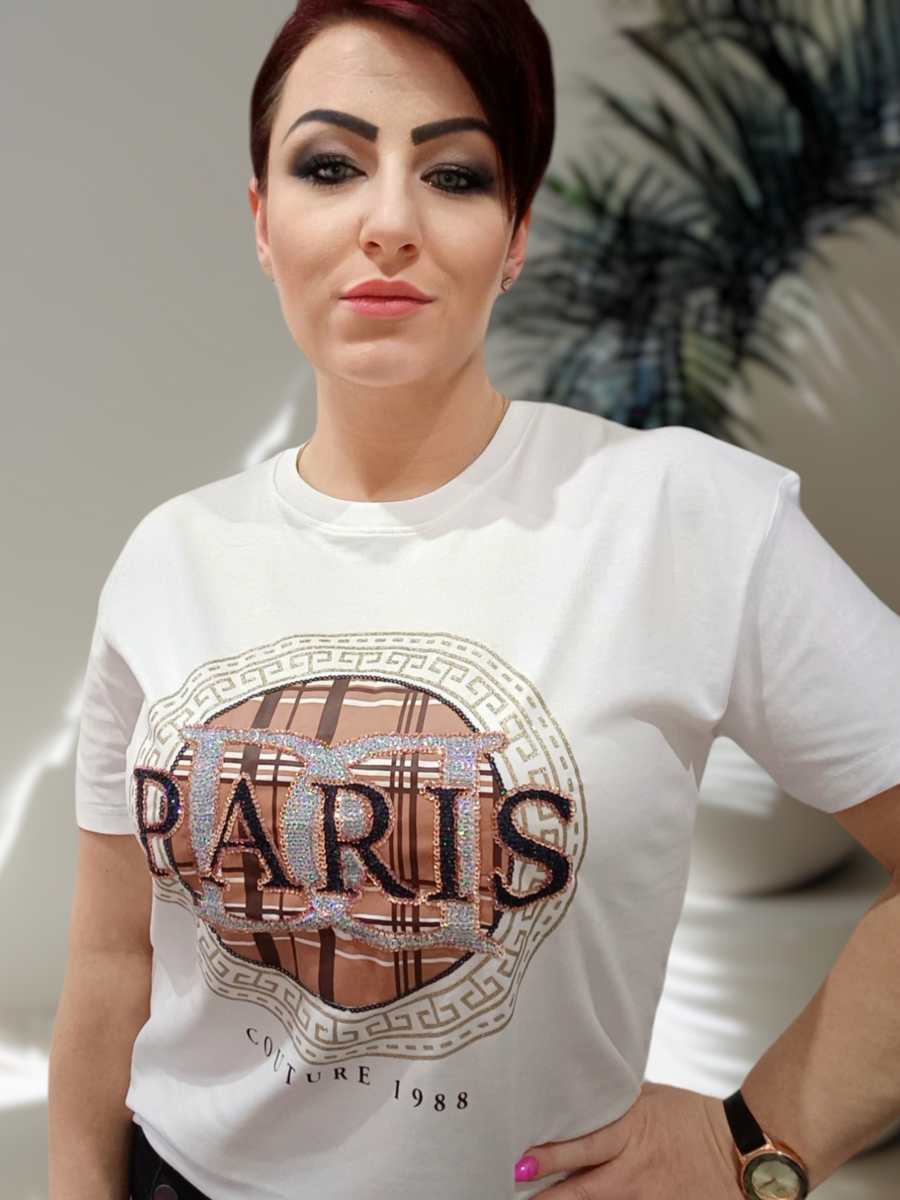 Koszulka PARIS napis zdobiony cyrkoniami