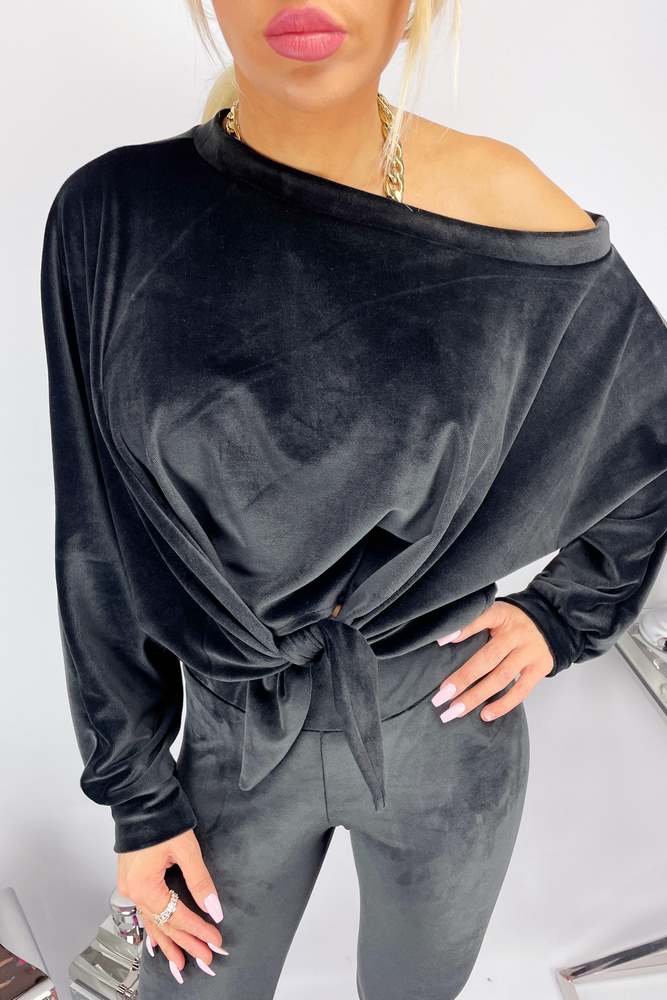 Komplet welurowy spodnie+bluzka asymetryczna czarny Eva