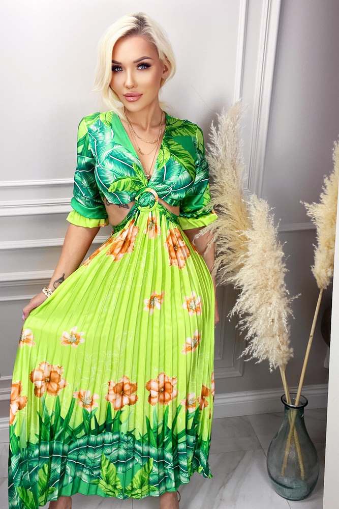Sukienka maxi z wycięciem na brzuchu i plisowanym dołem, zielona Carmen