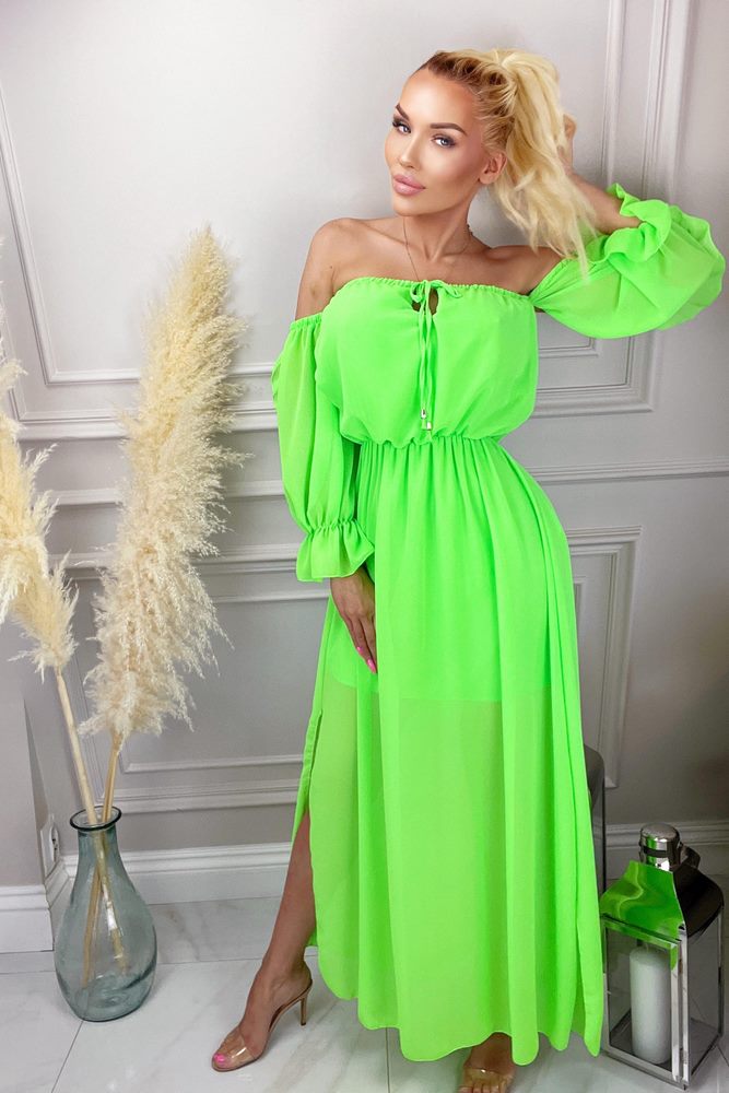 Sukienka maxi, typu hiszpanka z falbankami, neonowo zielona Siena
