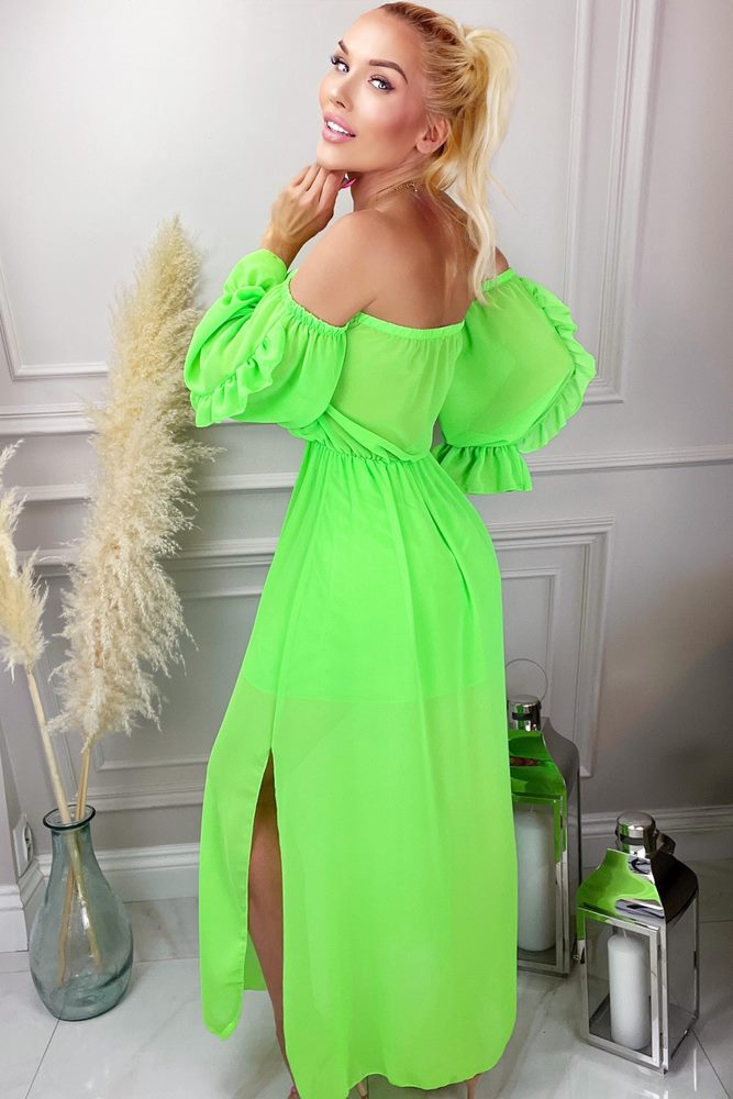 Sukienka maxi, typu hiszpanka z falbankami, neonowo zielona Siena