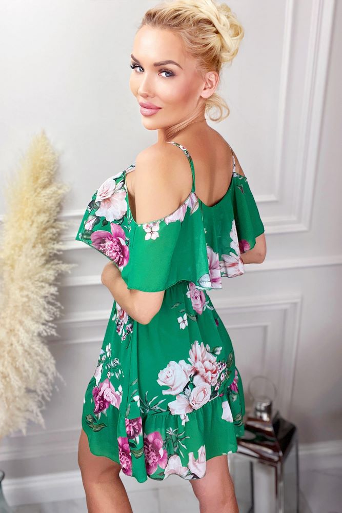 Sukienka mini hiszpanka, z gumką w pasie w kwiaty, zielona Kamari